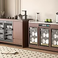 Modern Kitchen Appliances Wooden Storage Cabinets Glass Doors Dishes Kettle And Coffee Machine