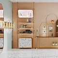 Modern Luxury Boutique Interior With Gold Shelves Display Counters And Beauty Products