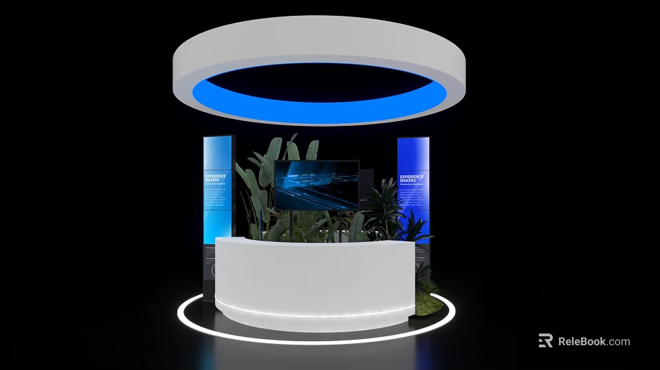 Modern Exhibition Island With White Circular Structure Blue Lighting Reception Counter Plants And Display Panels 3d model 