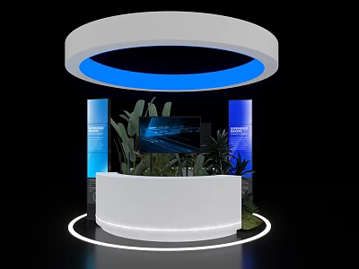 Modern Exhibition Island With White Circular Structure Blue Lighting Reception Counter Plants And Display Panels 3d model