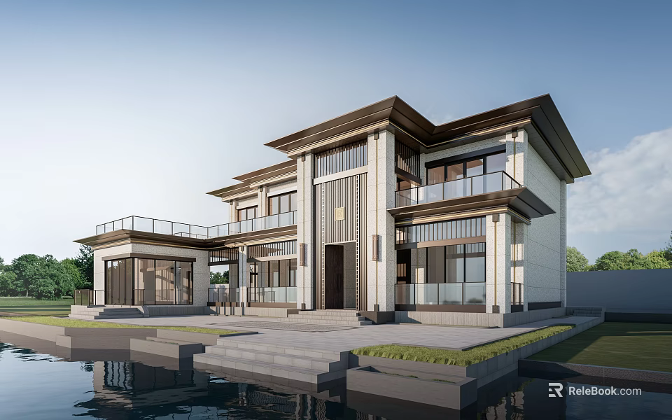 Modern Detached Villa With Courtyard Water Feature Large Windows And Balcony Design 3d model 