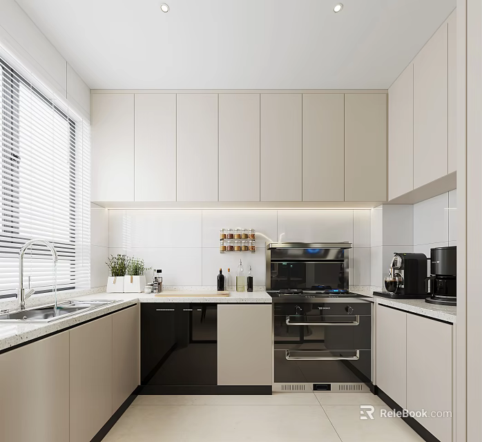 Modern Kitchen Interior Design With Light Cabinets White Tiled Backsplash Window Blinds And Appliances 3d model