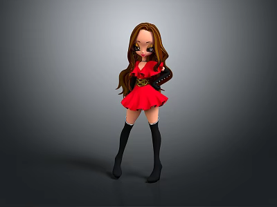3D Cartoon Female Game and Movie Character with Red Dress Black Boots and Long Brown Hair 3d model