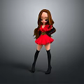 3D Cartoon Female Game and Movie Character with Red Dress Black Boots and Long Brown Hair