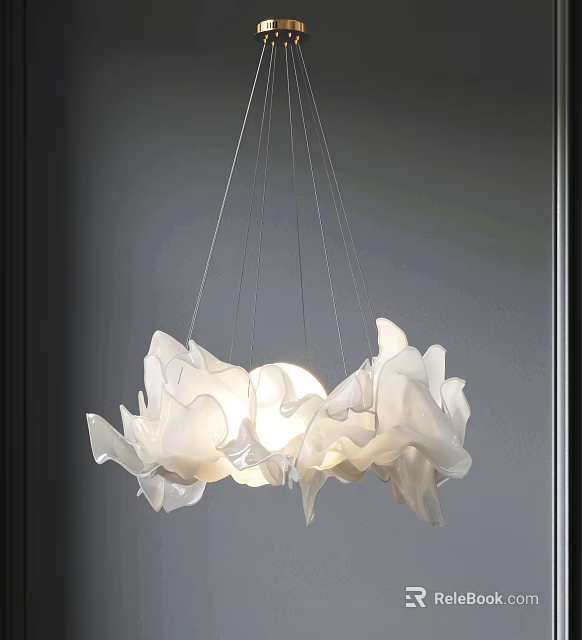 White Petal Shaped Modern Chandelier Hanging In Contemporary Interior Space 3d model 