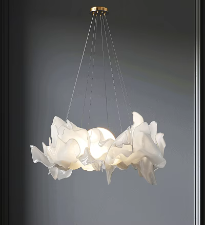 White Petal Shaped Modern Chandelier Hanging In Contemporary Interior Space 3d model