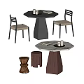 Modern Octagonal Marble Dining Table Set With Upholstered Backrest Chairs And Wooden Stools 3d model