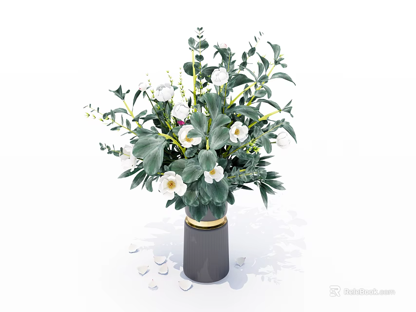 Elegant Fresh Flower Vase With White Blooms Green Leaves And Gray Gold Accents 3d model 