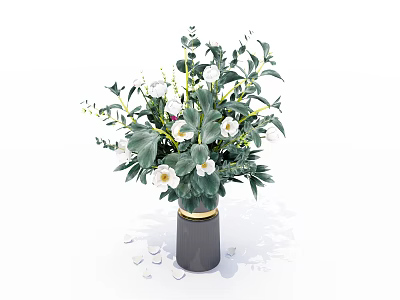 Elegant Fresh Flower Vase With White Blooms Green Leaves And Gray Gold Accents 3d model