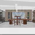 Modern Office Interior With Wooden Wall Panel Large Conference Table And Green Plants Hanging Lights