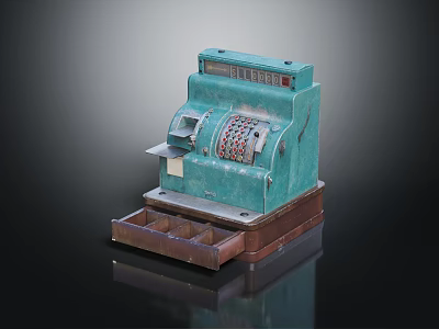 Vintage Turquoise Cash Register Equipment With Wooden Drawer And Classic Design 3d model
