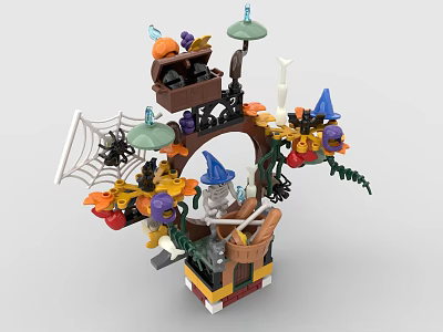 Wizard Themed Building Blocks Model With Pumpkins Spider Web Flowers And Mushrooms 3d model