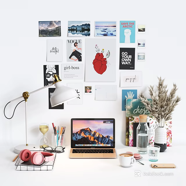 Desk Decorative Ornament Set With Lamp Laptop Dried Flowers Posters Headphones And Hourglass 3d model 