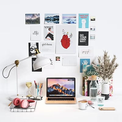 Desk Decorative Ornament Set With Lamp Laptop Dried Flowers Posters Headphones And Hourglass 3d model