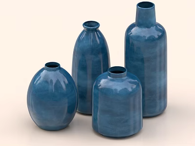 Modern Blue Ceramic Vases with Different Shapes and Glossy Finish Set of Four 3d model