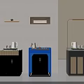 Modern Tea Cabinets on Display with Beige Brown Blue Black and Tea Sets