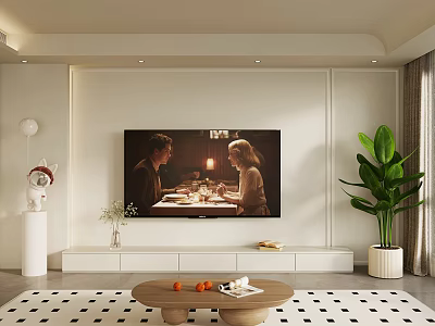 Modern Living Room With TV On Stand Coffee Table Green Plant And Decorative Rug 3d model