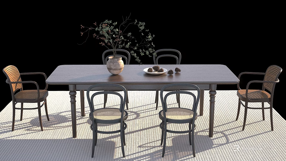 Dining Table Set With Chairs Tabletop Vase Plate And Nuts On Woven Rug 3d model 