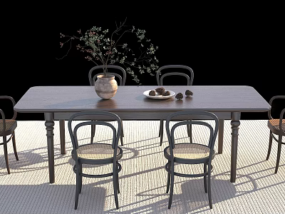Dining Table Set With Chairs Tabletop Vase Plate And Nuts On Woven Rug 3d model