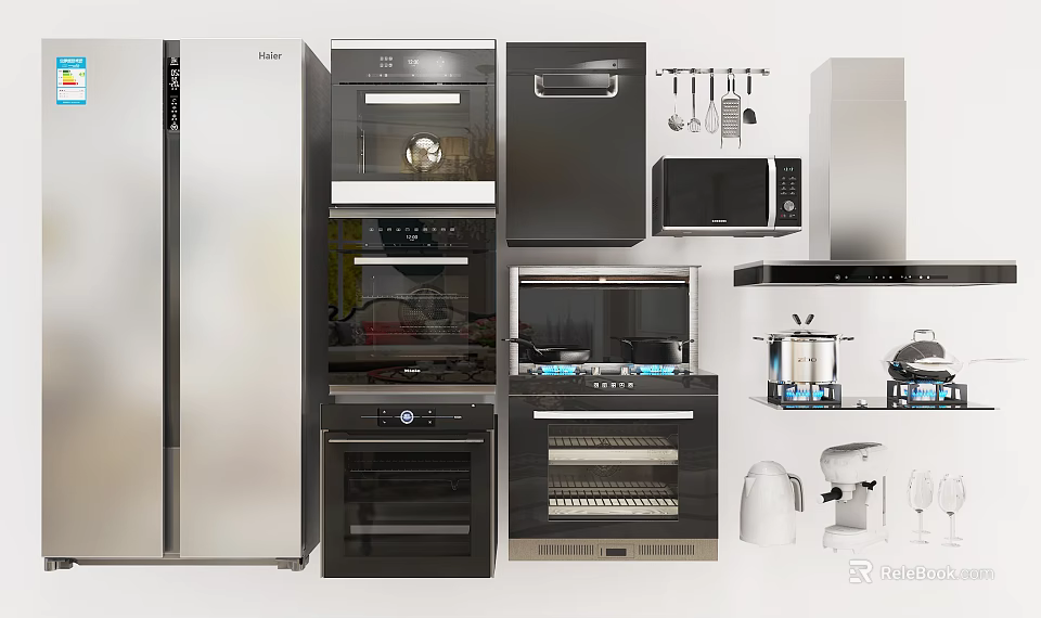 Modern Kitchen Appliances With Refrigerator Oven Microwave Range Hood And Coffee Maker 3d model 
