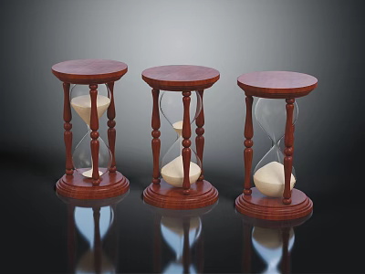 Three Wooden Hourglasses With Sand On Black Surface And Clear Reflections 3d model