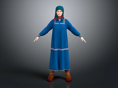 Traditional blue robe green headscarf red collar white decorative lines and brown boots decorations 3d model