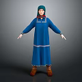 Traditional blue robe green headscarf red collar white decorative lines and brown boots decorations