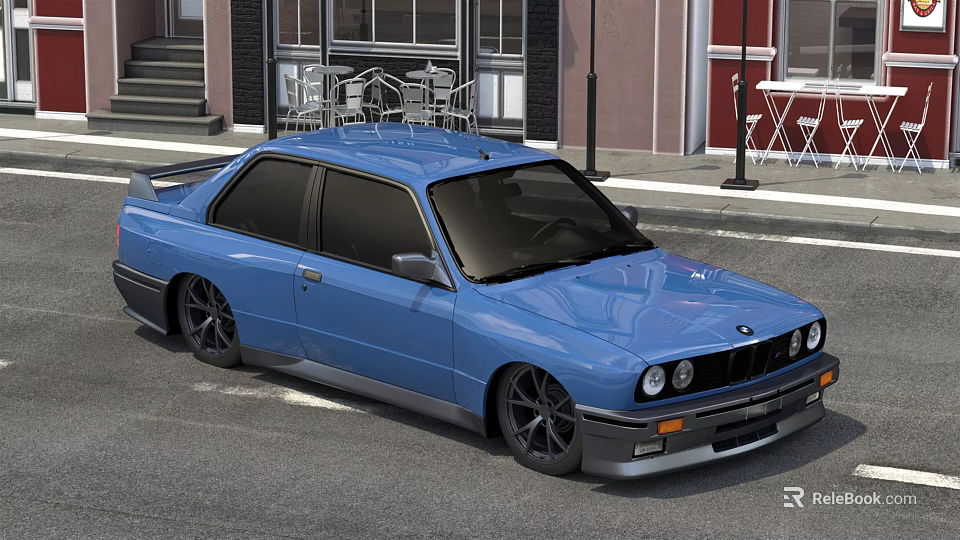 Blue Classic BMW Car With Modified Body Kit And Sporty Wheels On Street 3d model 