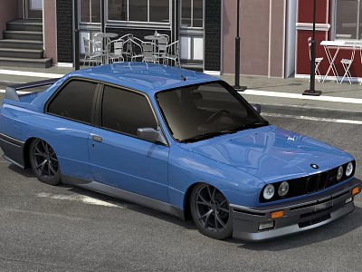 Blue Classic BMW Car With Modified Body Kit And Sporty Wheels On Street 3d model