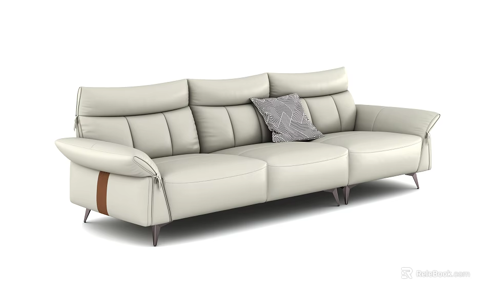Modern Light Beige Leather Three Seater Sofa With Geometric Accent Pillow And Metal Legs 3d model 