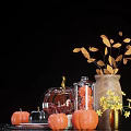Decorative Ornament Set With Pumpkin Shaped Candle Holders Glass Jars Wooden Vase And Yellow Leaves