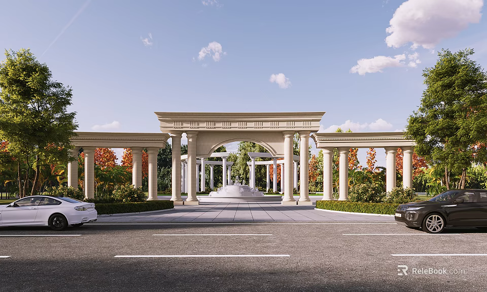 Grand Classical Entrance Gate With Columns Arched Design Parked Cars Green Trees And Blue Sky 3d model 