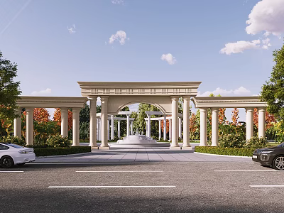 Grand Classical Entrance Gate With Columns Arched Design Parked Cars Green Trees And Blue Sky 3d model