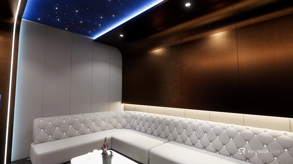 KTV Interior Design With Starry Ceiling Blue LED Strip And Quilted White Sofas 3d model 