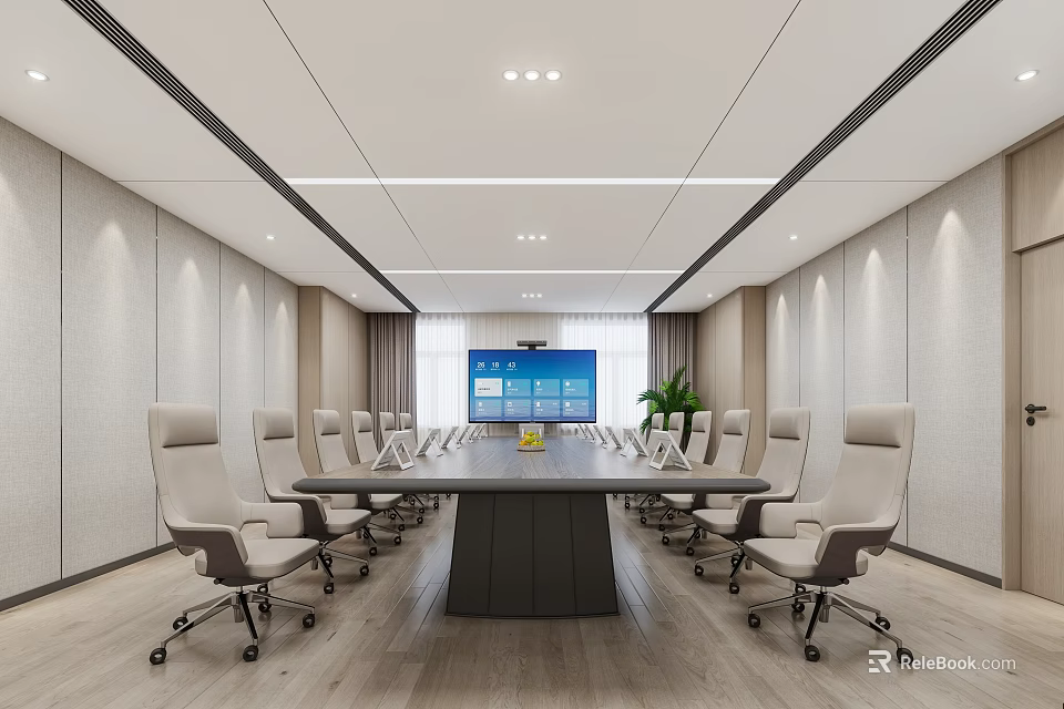 Modern Conference Room With Long Table Multiple Chairs Large Screen Plants And Ceiling Lights 3d model