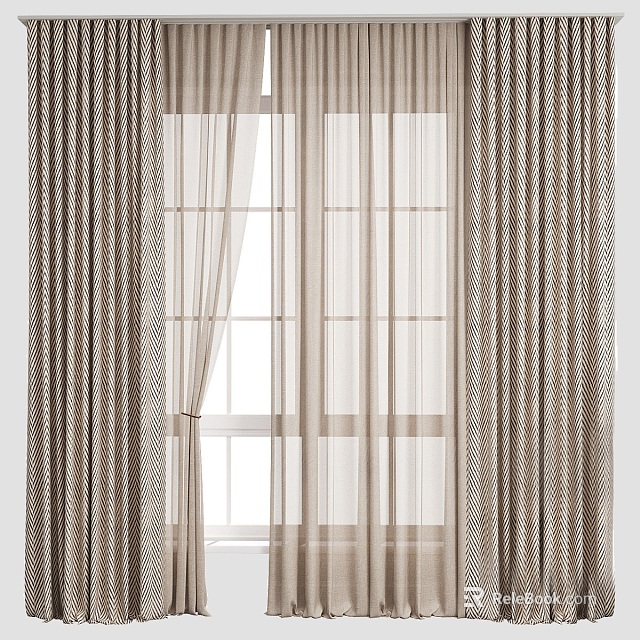 Striped Textured Curtains With Sheer Layers In Modern Design For Window Decoration 3d model 