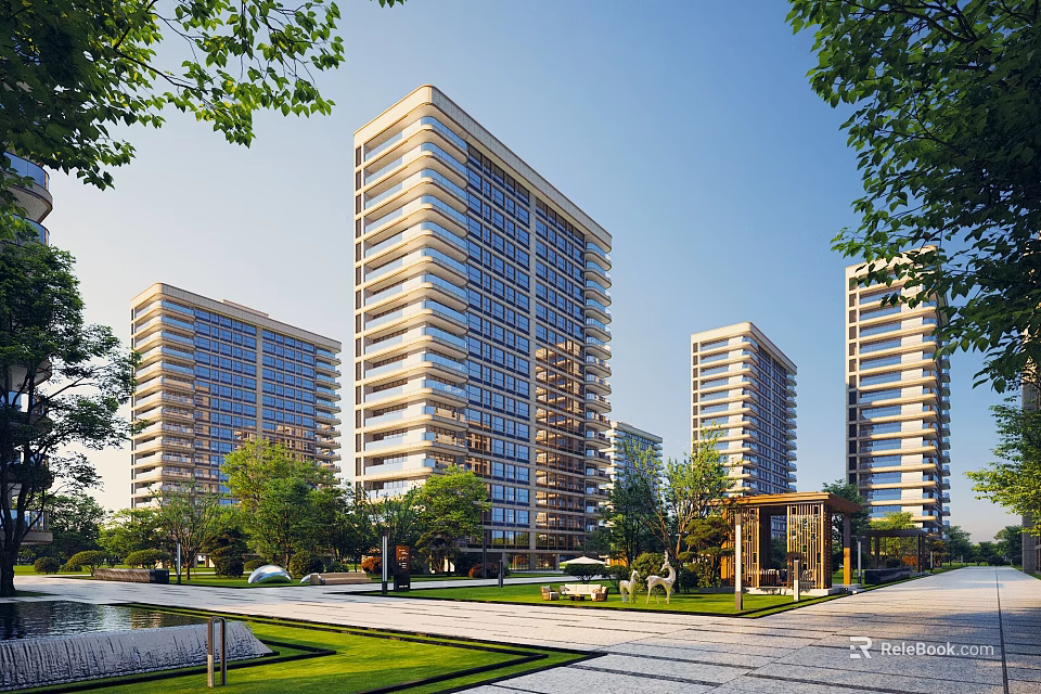 Modern High Rise Residential Towers With Green Surroundings Trees Lawns Pond And Walking Path 3d model 