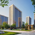 Modern High Rise Residential Towers With Green Surroundings Trees Lawns Pond And Walking Path
