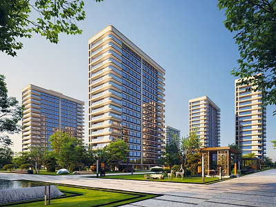 Modern High Rise Residential Towers With Green Surroundings Trees Lawns Pond And Walking Path 3d model