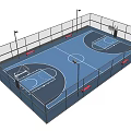 Indoor Basketball Court With Blue Floor Fencing Red Benches Hoops And Lighting