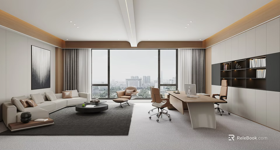 Modern Office Interior With Large Windows City View Work Desk Office Chairs And Sofa Area 3d model 