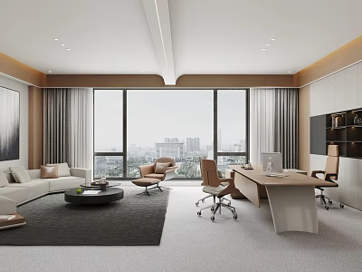 Modern Office Interior With Large Windows City View Work Desk Office Chairs And Sofa Area 3d model