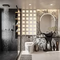 Modern Bathroom Interior With Marble Wall Round Mirror Black Vanity White Toilet And Shower Area