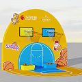 Basketball Themed Interactive Zone With Curved Yellow Background Slam Dunk Elements Hoops And Decorations 3d model