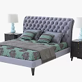 Double Bed With Tufted Gray Headboard Green Patterned Bedspread And Nightstands With Blue Table Lamps 3d model