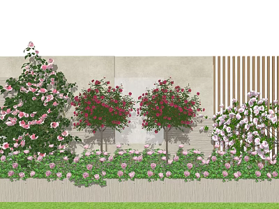 Colorful Garden Flowers Including Pink Red And White Roses With Shrubs And Lawn 3d model