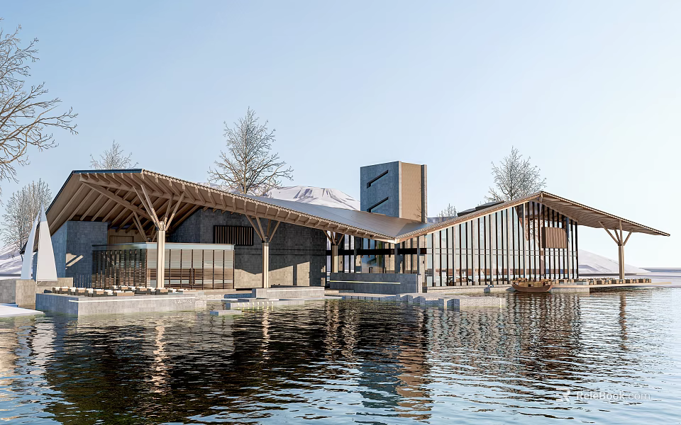 Modern Waterfront Visitor Center With Wooden Roof Glass Facade Surrounding Trees And Reflective Water 3d model 