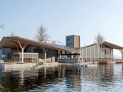 Modern Waterfront Visitor Center With Wooden Roof Glass Facade Surrounding Trees And Reflective Water 3d model