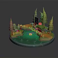 3D Model Bridge Scene With Pine Trees Green Water And Small Island Landscape