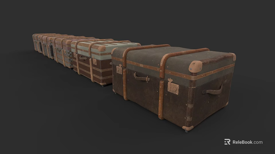 Vintage Leather Suitcases Arranged in Row with Retro Design and Metal Hardware 3d model 